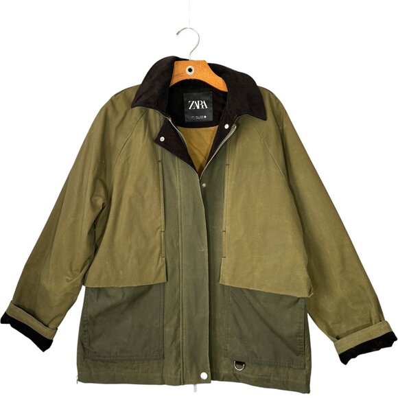 Zara Women's Green Waxed Canvas Jacket Chore Coat Corduroy Collar Oversized S - Picture 1 of 14